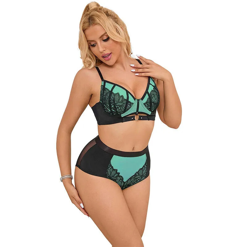 Ensemble lingerie dentelle verte, soutien-gorge push-up, culotte taille haute, design floral, élégant et moderne.