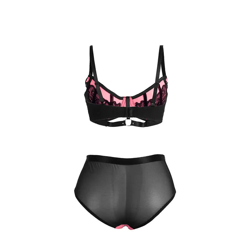 Ensemble lingerie rose en dentelle résille, soutien-gorge push-up, culotte taille haute, élégant et séduisant.