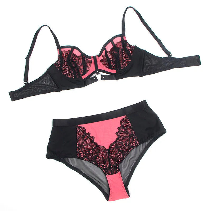 lingerie dentelle résille rose soutiengorge rembourré rehausse poitrine féminine séduisante confortable extensible douce florale translucide polyester elasthanne taille LXL