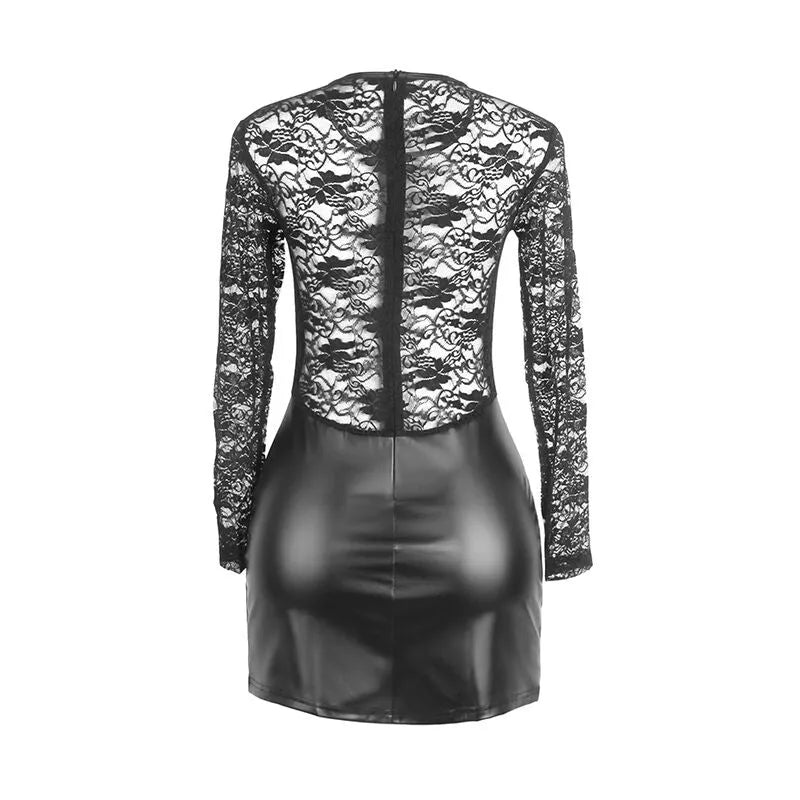 Chemise de nuit noire en cuir synthétique, dentelle élégante, manches longues, ajustée, séduisante et raffinée.