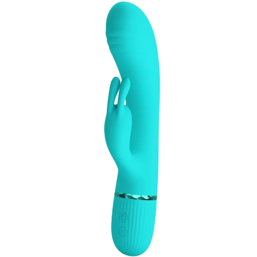 Vibromasseur rabbit silicone turquoise 10 fonctions vibration tête incurvée