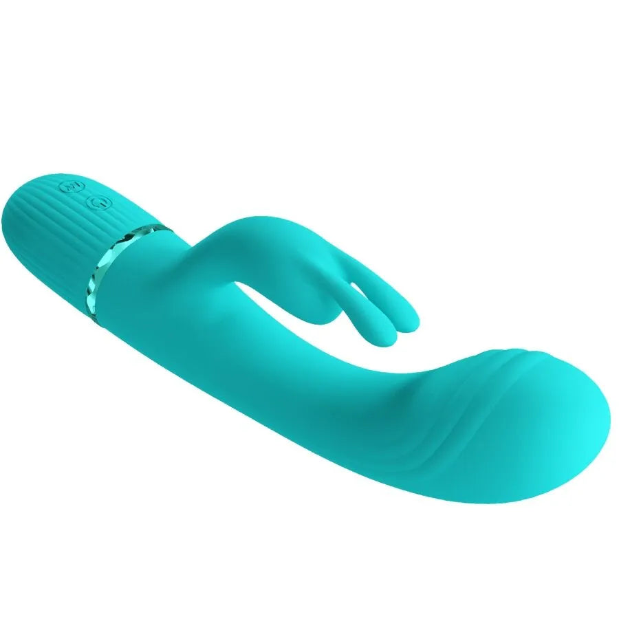 Vibromasseur rabbit silicone turquoise 10 fonctions vibration tête incurvée
