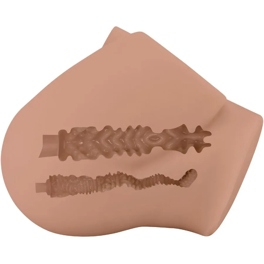 Masturbateur réaliste beige avec vagin et anus texturés, télécommande incluse pour une stimulation optimale.