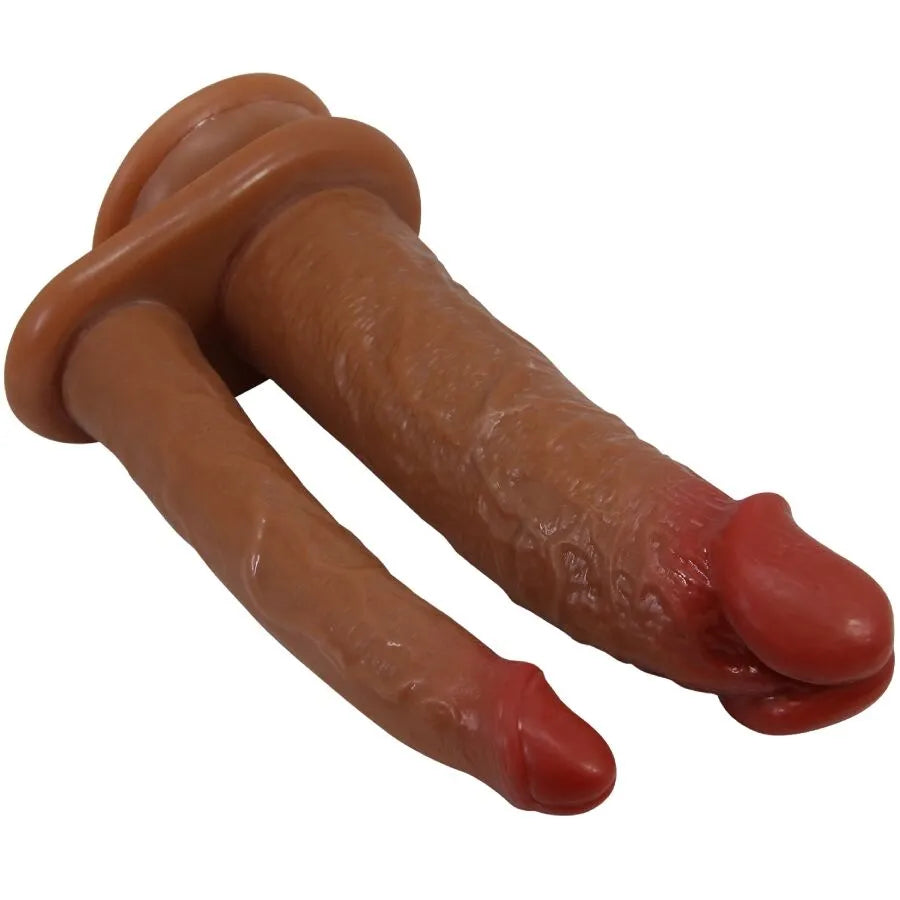 Double gode réaliste en TPR, couleur chair, texture douce, tiges distinctes pour stimulation intense et étanche.