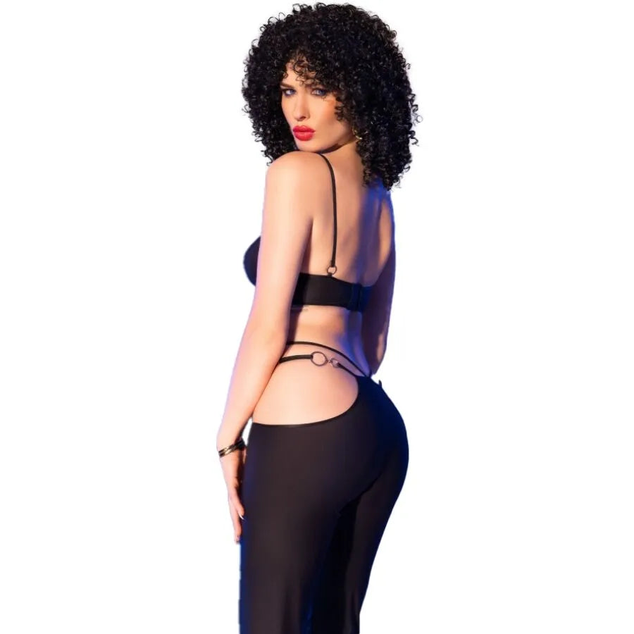 Ensemble lingerie noir CHILIROSE CR 4851, accessoires dorés, tissu extensible, coupes latérales, élégant et sensuel.