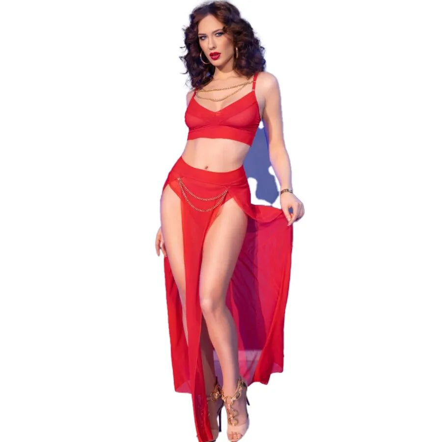 ensemble lingerie tulle rouge vaporeux transparent sensuel sophistiqué chaînes métalliques repositionnables bretelles réglables jupe longue fentes hautes ajustable élastique confortable