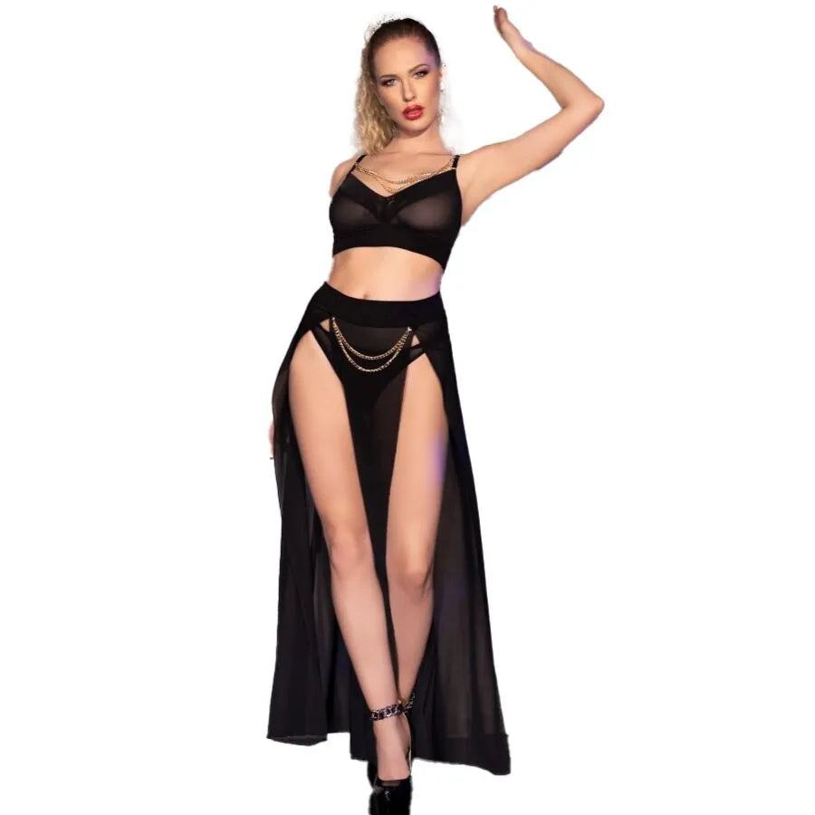 ensemble lingerie sensuelle chaîne dorée amovible top jupe string bretelles réglables trois pièces glamour élégant séduction femme tailles L XL