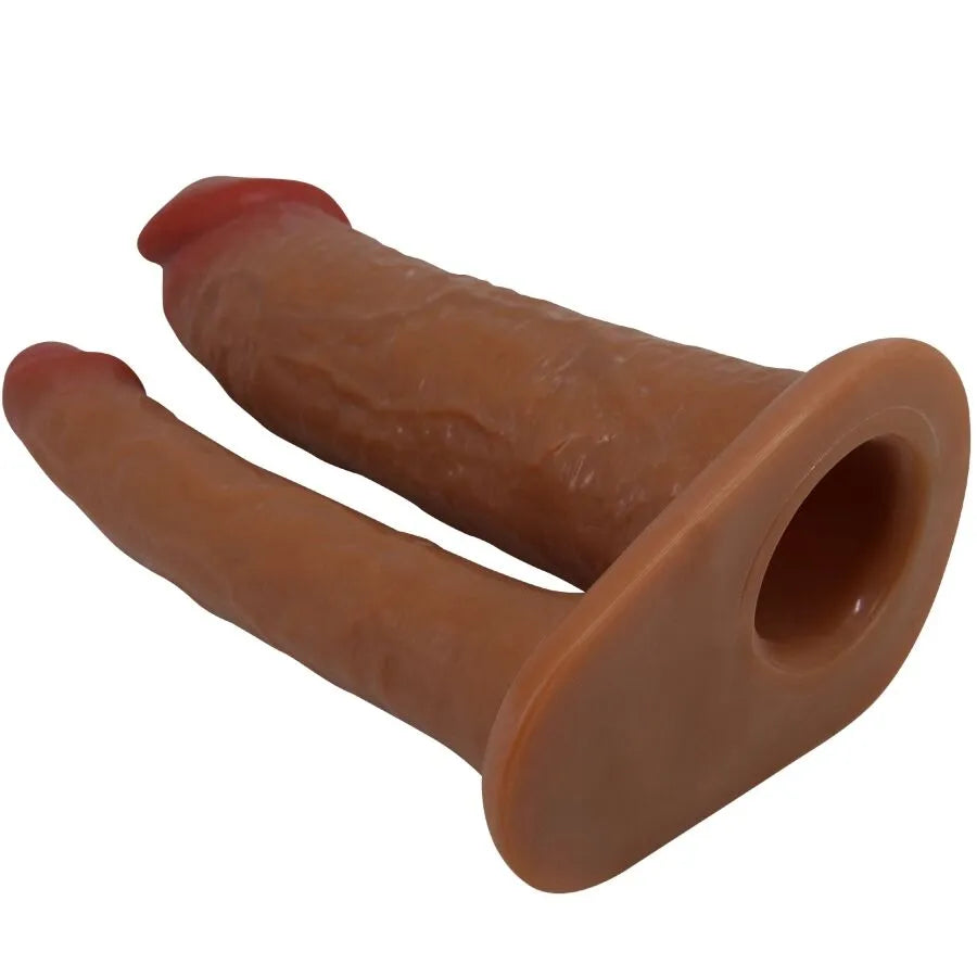 Gode ceinture creux marron en silicone réaliste, harnais élastique réglable, stimulation intime pour couples.