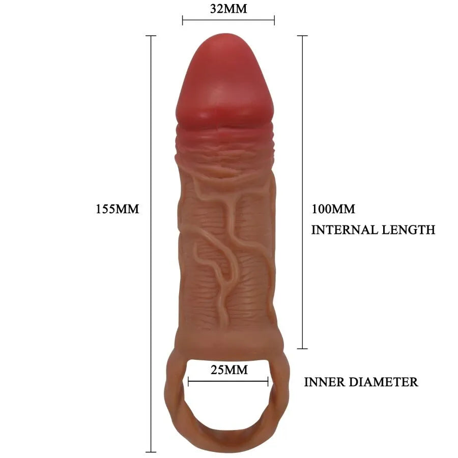 Extenseur manchon pénis testicules TPR texturé ondulé, couleur chair, dimensions indiquées, amélioration longueur et circo...