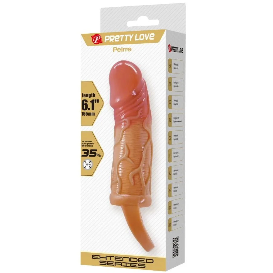 Manchon pénis testicules TPR texturé ondulé, couleur chair, dans emballage avec détails de longueur et circonférence.