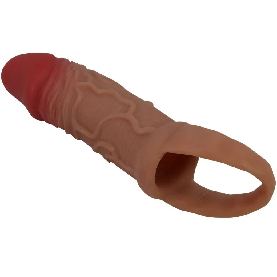 Alt text : Manchon pénis testicules TPR texturé ondulé, couleur chair, extensible, étanche, pour augmentation longueur et ...