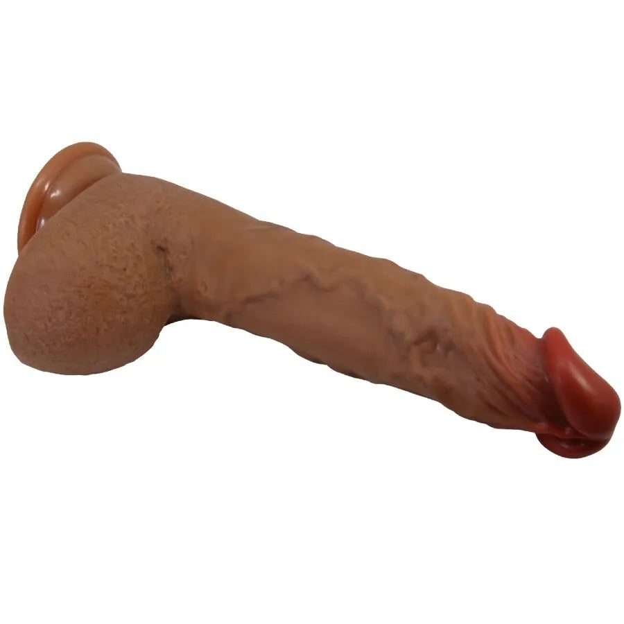 Gode réaliste vibrant rotatif 25cm, couleur mulato, texture veinée, ventouse, rechargeable, étanche, avec testicules.