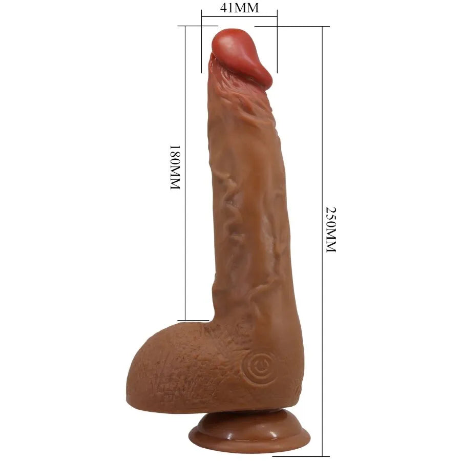 Gode réaliste vibrant rotatif 25cm mulato avec ventouse, texture veinée, gland et testicules, étanche et rechargeable.