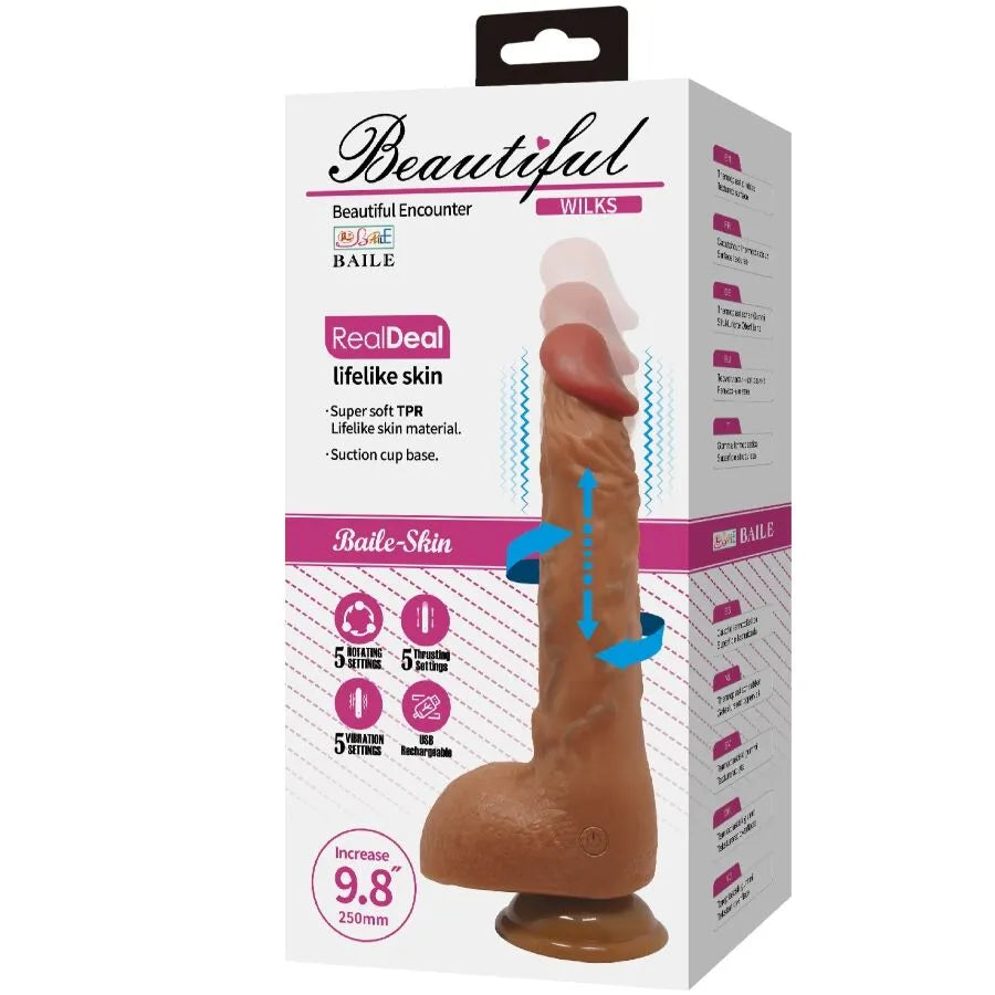 Gode réaliste vibrant rotatif 25cm mulato avec ventouse, texture veinée, gland et testicules, étanche et rechargeable.