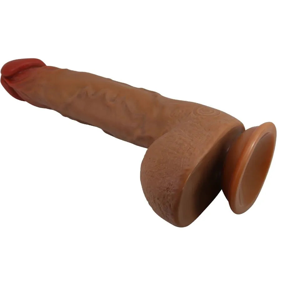 Gode réaliste vibrant rotatif 25cm, couleur mulato, texture veinée, ventouse TPR, étanche, rechargeable, gland et testicules.