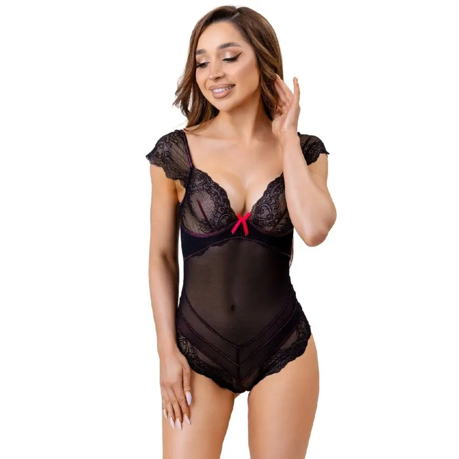Body dentelle noire résille, manches tombantes, décolleté plongeant, nœud rose, élégant et féminin.