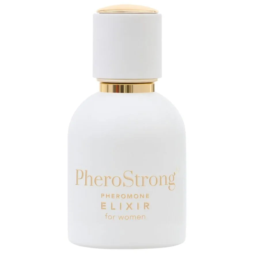 Flacon blanc PheroStrong Élixir de phéromones pour femmes, bouchon doré, parfum agrumes, musc, vanille, 50ml.