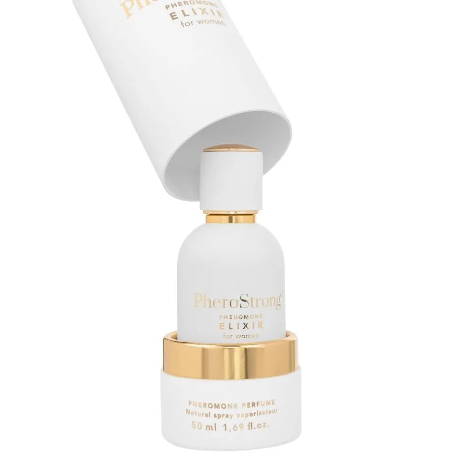Flacon blanc PheroStrong élixir phéromones femmes, design élégant, notes agrumes, musc, vanille, 50ml.