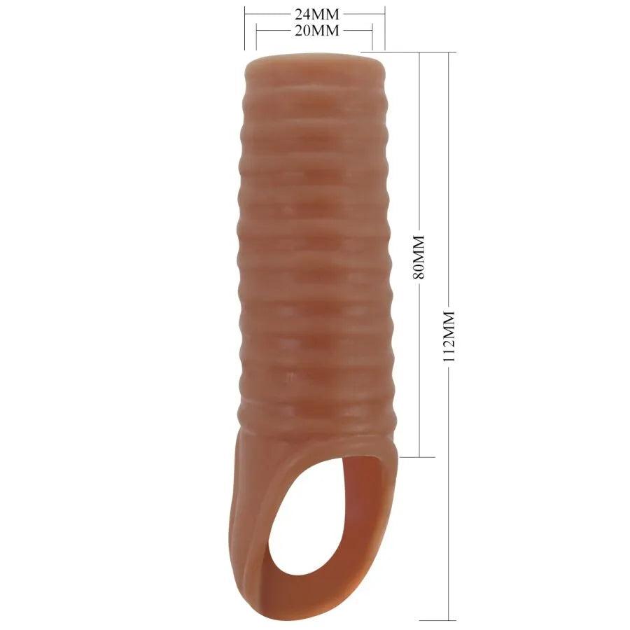 Gaine pénis extensible TPR marron, texturée, durable, étanche, pour érection prolongée et retard éjaculation.