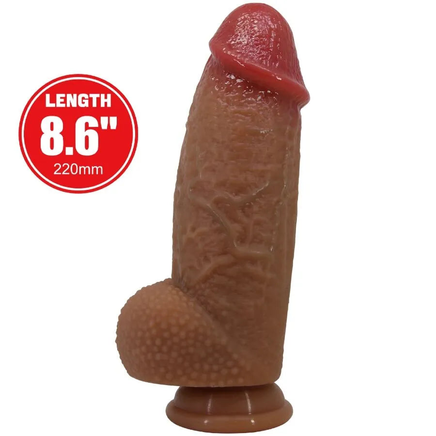 Gode silicone réaliste marron 22cm avec ventouse, texture veiné bulbeuse, stimulation interne, fixation puissante.