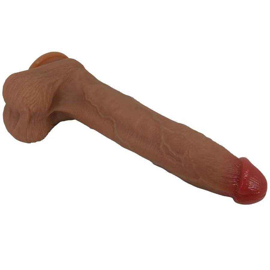 Gode silicone réaliste 28cm, ventouse, harnais compatible, couleur chair, tête bulbeuse, tige veinée, testicules texturées.