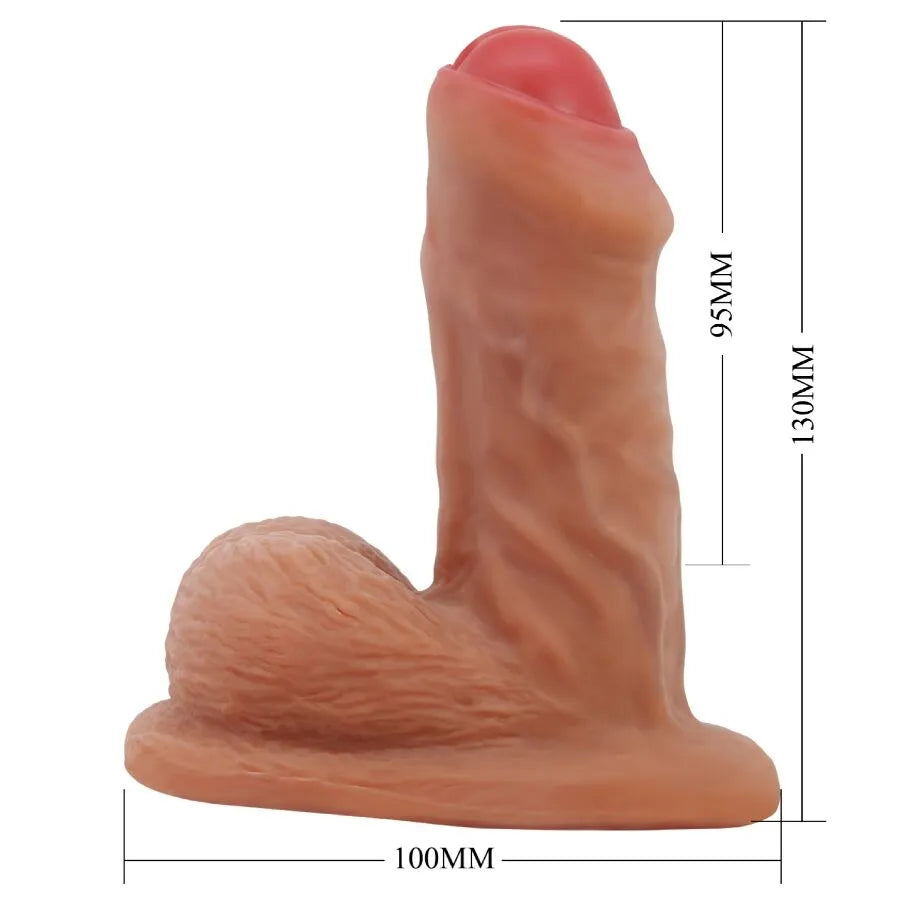 Gode réaliste ventouse TPR beige, tête bulbeuse rouge, tige veinée, testicules texturés, étanche, compatible harnais.