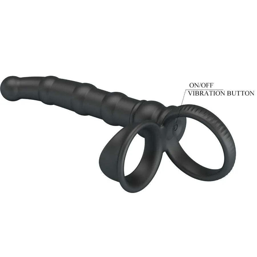 Anneau pénien vibrant noir en silicone, double pénétration, 10 modes de vibration, ergonomique, discret, moteur puissant.