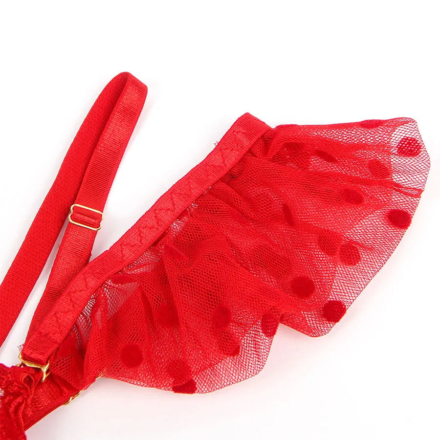 Ensemble lingerie rouge dentelle florale avec porte-jarretelles ajustables, bretelles réglables, taille S M, glamour.