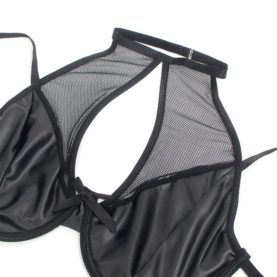 Ensemble lingerie noir cuir PU, col licou, maille translucide, porte-jarretelles intégré, bretelles réglables.