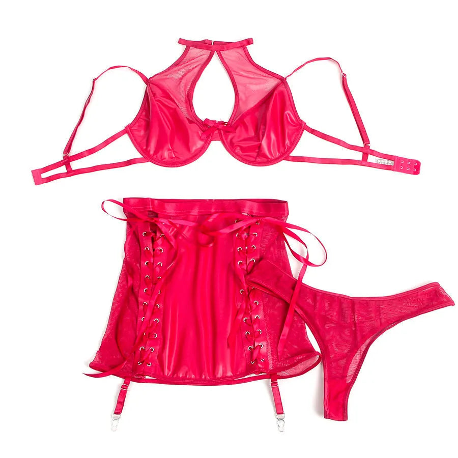 Ensemble lingerie rouge en cuir PU et résille, col licou, jarretelles, bretelles réglables, taille S M, séduction audacieuse.
