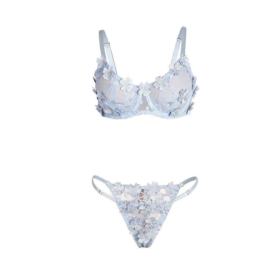 Ensemble lingerie bleu ciel en dentelle brodée florale, soutien-gorge semi-transparent, bretelles réglables, culotte assor...