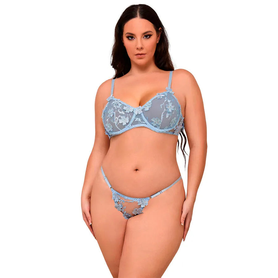 ensemble soutiengorge culotte dentelle brodée florale sexy bleu ciel féminin sophistiqué transparent délicat confortable extensible bretelles réglables maintien flatteur polyester