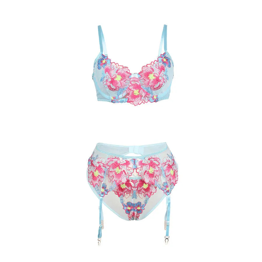 Ensemble lingerie bleu floral, soutien-gorge et porte-jarretelles en dentelle translucide, bretelles réglables.