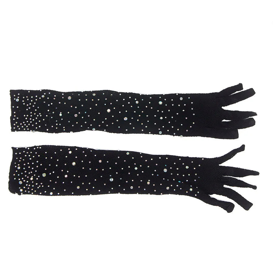 Gants noirs pailletés avec strass, élégants et sophistiqués, parfaits pour soirées glamour, taille S M.