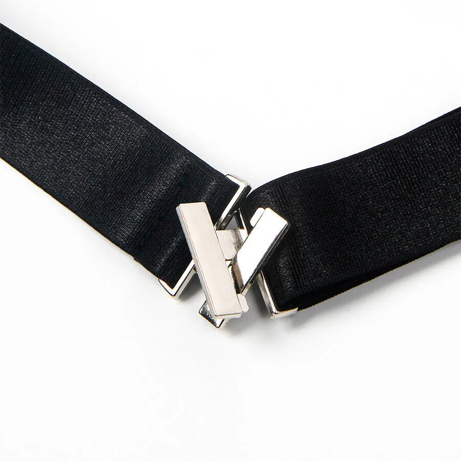 Anneaux de jambe en cuir synthétique noir, boucles réglables, sangles élastiques, design élégant et sophistiqué.