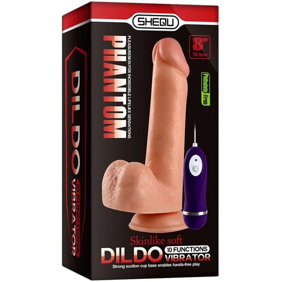 Gode vibrant réaliste en silicone beige avec télécommande violette, 20 cm, étanche IPX7, sur fond d'emballage SHEQU.