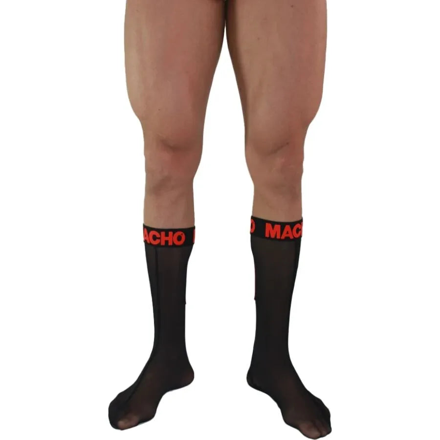 Chaussettes fétiche macho semi transparentes noir rouge élastiques confort séduisantes maintien bande ergonomique seconde peau polyester extensible durable taille unique