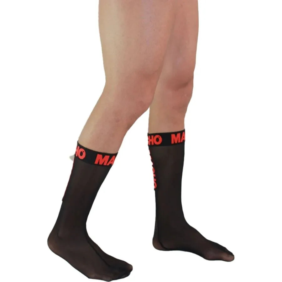 Chaussettes noires semi-transparentes avec bande rouge MACHO, design séduisant et élastique, confort et style audacieux.