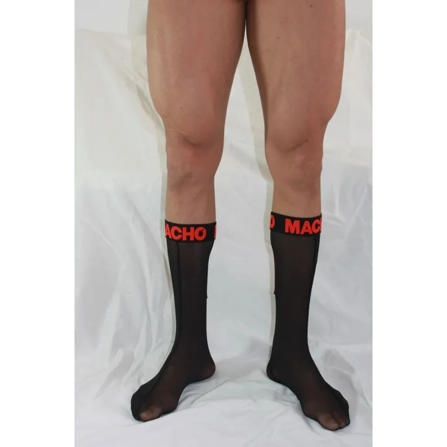 Chaussettes semi-transparentes noires avec bande rouge MACHO, élastiques, confortables, style séduisant et ergonomique.