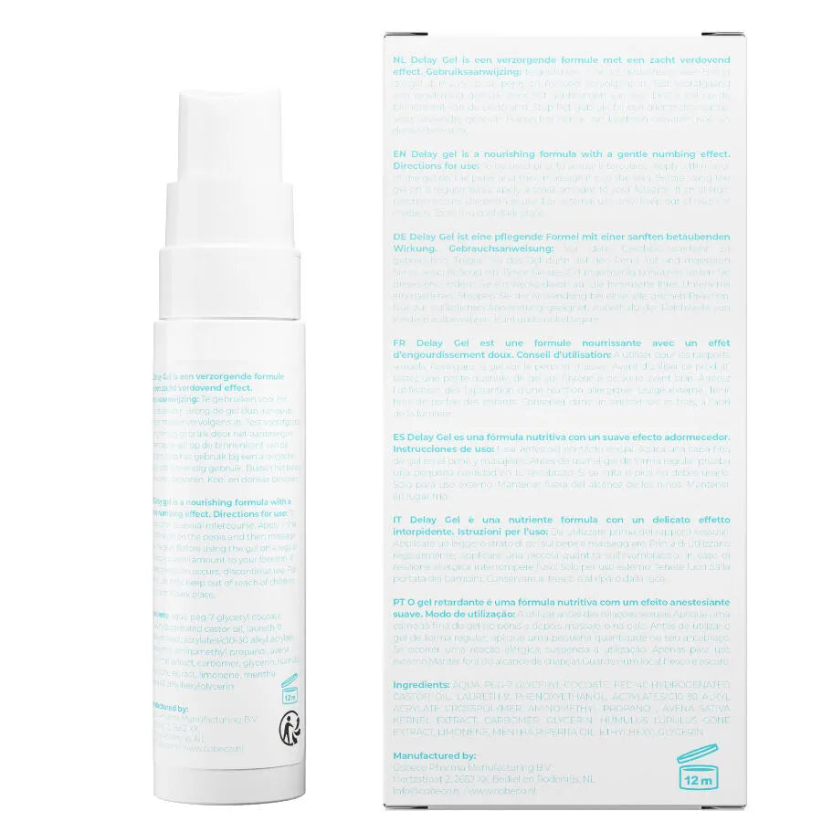 Flacon blanc de 30 ml de gel retardateur Viagel pour homme, avec boîte blanche et texte explicatif multilingue.