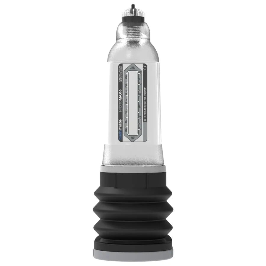 Pompe pénis Bathmate Hydromax6 transparente, design ergonomique, étanchéité renforcée, pour douche et baignoire.