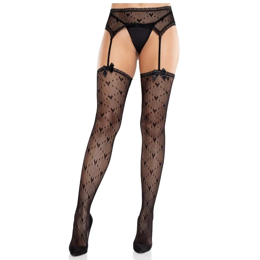 bas portejarretelles cœur noir nylon élasthanne transparent extensible doux maintien sophistiqué glamour romantique luxe séduction raffiné finitions taille unique