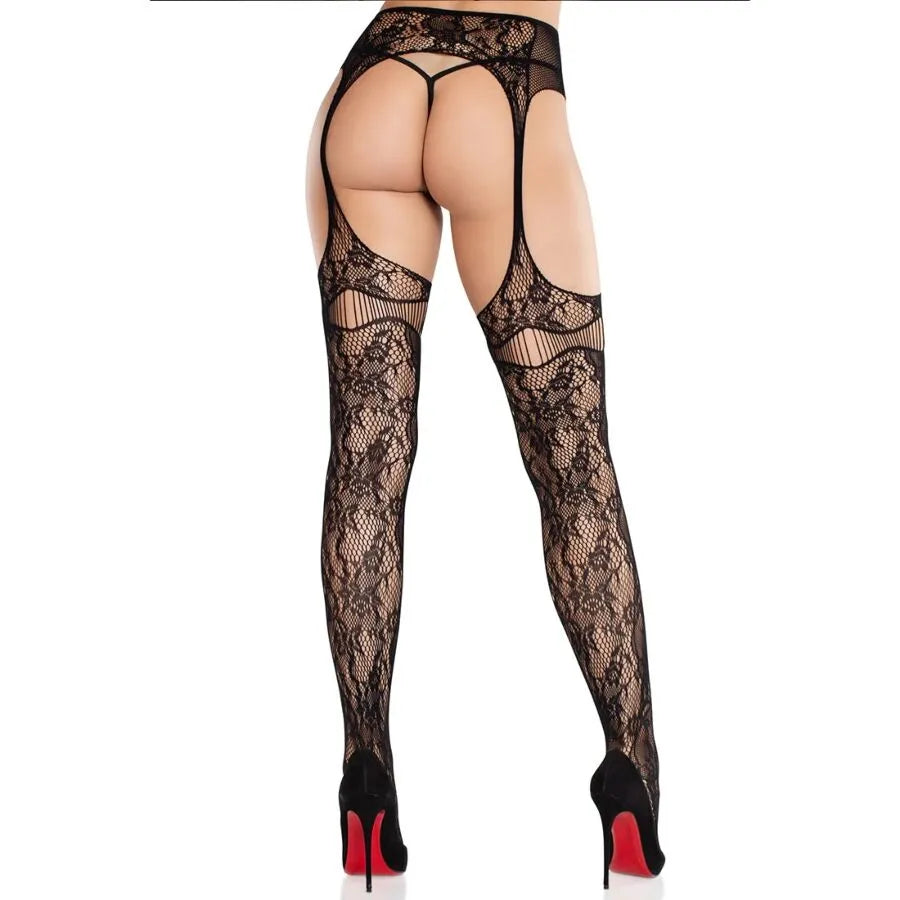 Bas résille noir dentelle intégrée avec porte-jarretelles, design élégant et séduisant, confort extensible, glamour soirée.