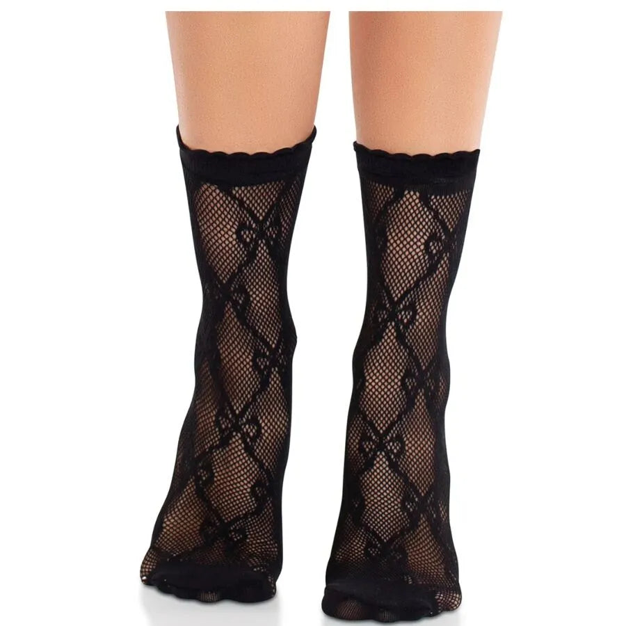Bracelet cheville résille noir avec nœud vintage, motif losanges délicat, nylon élasthanne, chic et féminin.