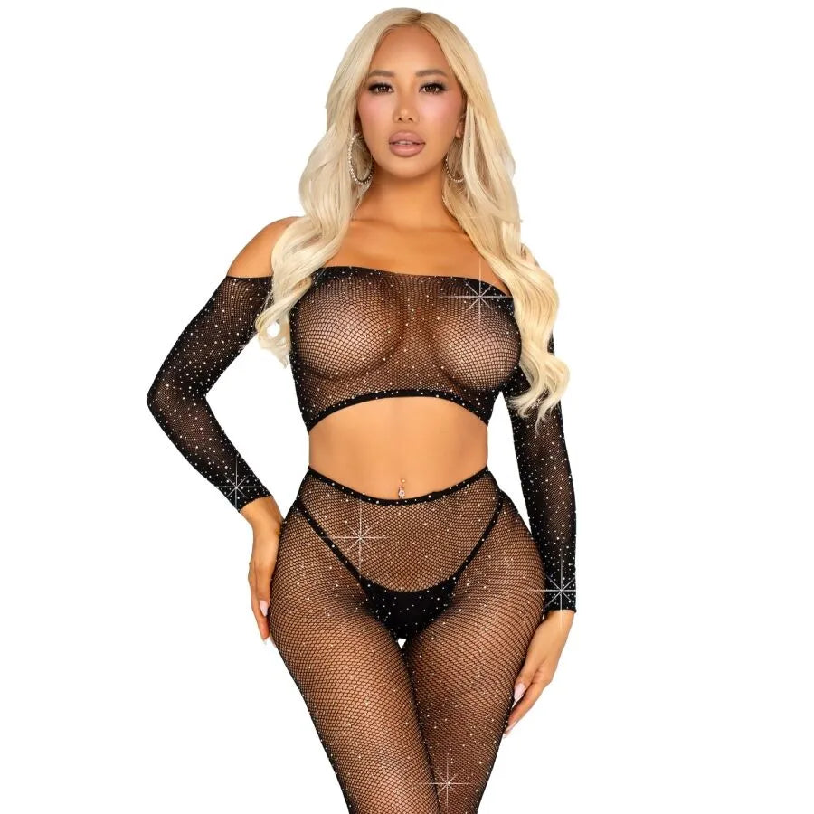 haut court legging résille strass noir glamour luxueux audacieuse séduisante ajustée extensible confortable scintillante sexy soirée lingerie