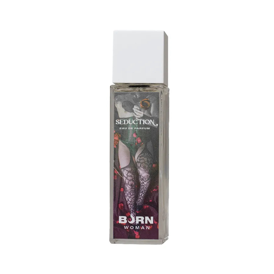 Flacon de parfum Burn Femme 20ml, design élégant, motifs floraux et orientaux, format voyage, bouchon blanc.