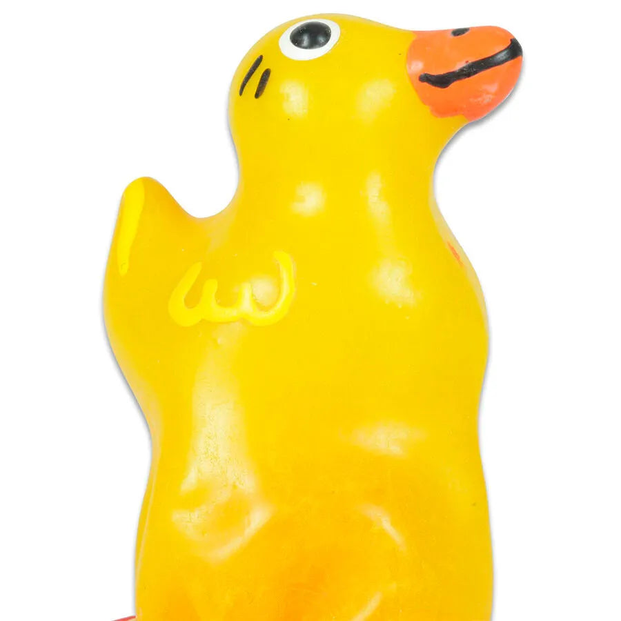 Préservatif fantaisie jaune en forme de canard, peint à la main, style bohème, unique et artisanal.