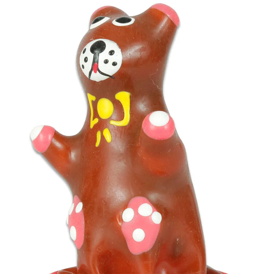 Préservatif fantaisie peint à la main en forme d'ours en peluche, couleurs vives, style bohème artisanal.