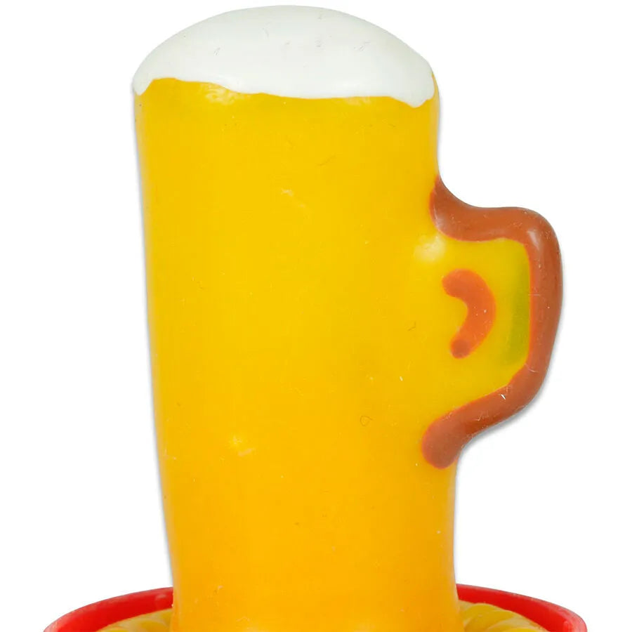 Préservatif fantaisie peint main, forme verre de bière jaune avec mousse blanche, style bohème Amsterdam.