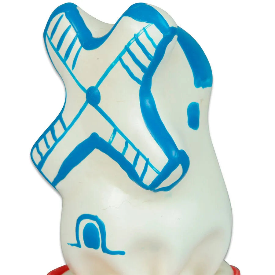 Préservatif fantaisie peint à la main, motif moulin bleu sur fond blanc, design artisanal unique, érotique et artistique.